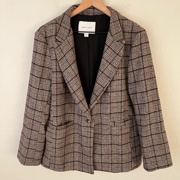 Amour Vert Pipa Wool Plaid Single Button Blazer Brown and Teal Plaid Size Medium - Picture 2 of 7